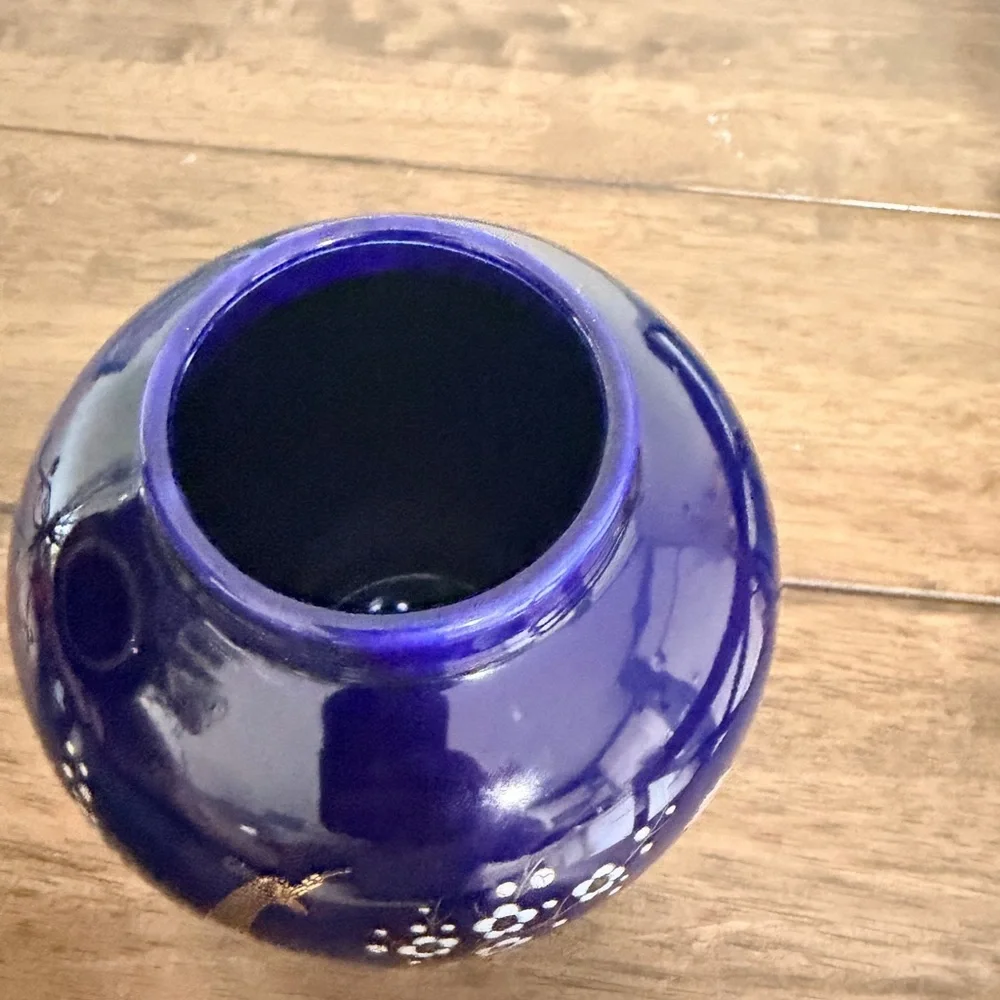 Vintage Cobalt Blue Porcelain Ginger Jar Hand Painted Gold Trim Floral Bird Deco